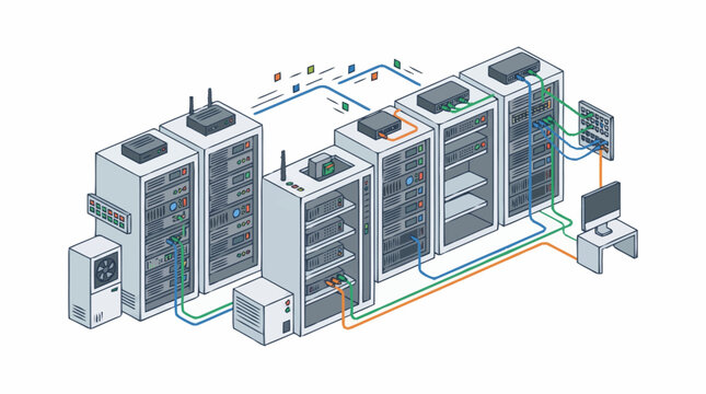 Modern data center server racks with cooling systems and network connections.