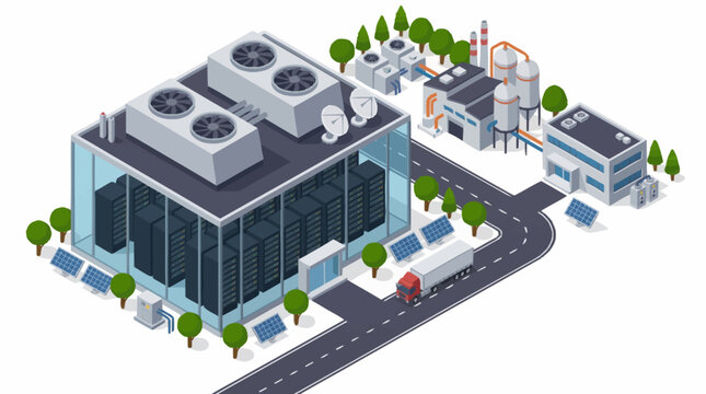 Modern industrial complex with data center and solar panels.
