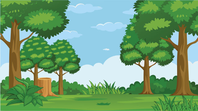 Forest scene with lush green trees and blue sky