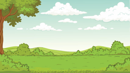 Green landscape illustration with trees clouds and rolling hills © PUNNABEGUM
