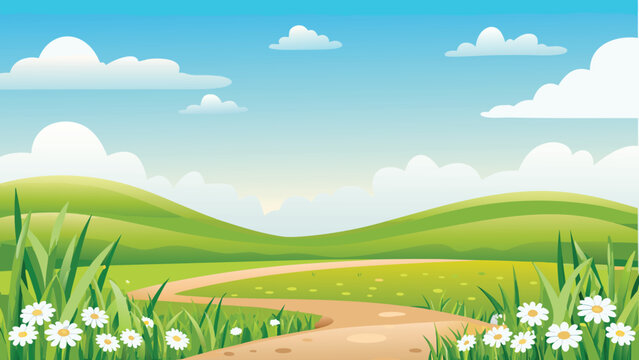 Rolling green hills and winding path vector illustration