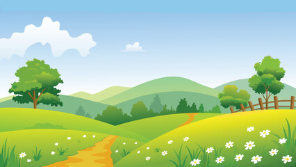 Rolling hills landscape with green fields and blue sky © PUNNABEGUM