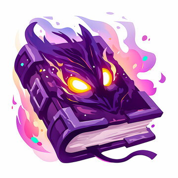 Enchanted dark magic spellbook with glowing yellow eyes and purple mystical energy illustration for fantasy gaming lore