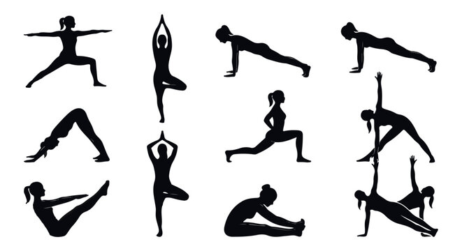 Yoga Pose Silhouettes Set. Women Practicing Yoga Asanas Vector Collection Isolated on White Background.