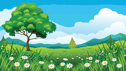 Scenic landscape illustration with green meadow trees and blue sky © PUNNABEGUM
