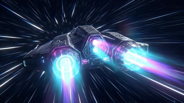 Futuristic spaceship flying through hyperspace with glowing neon engines and warp speed light streaks