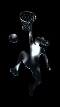 Silver metallic female basketball player slam dunk silhouette. Alpha channel. Seamless loop video.