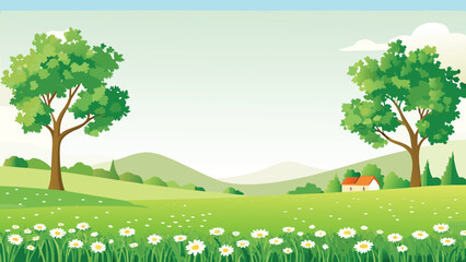 Rolling hills landscape with trees and small house vector © PUNNABEGUM