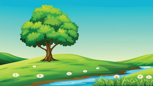 Green landscape with a large tree and flowing stream