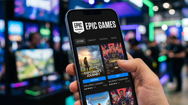 Epic Games mobile logo app on a screen smartphone. Epic Games is a video game and software developer and publisher known for Unreal Engine, Fortnite, and the digital Epic Games Store app interface.