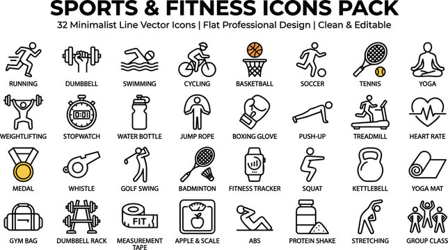 Minimalist Sports and Fitness Vector Icon Set for Running, Gym, Yoga, Team Sports, and Exercise Design Projects