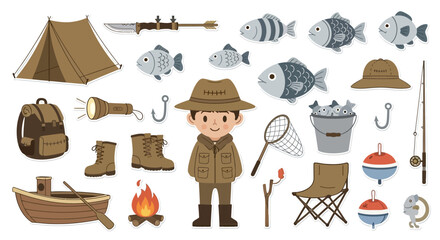 A comprehensive collection of fishing and camping gear with a happy fisherman character. © dada