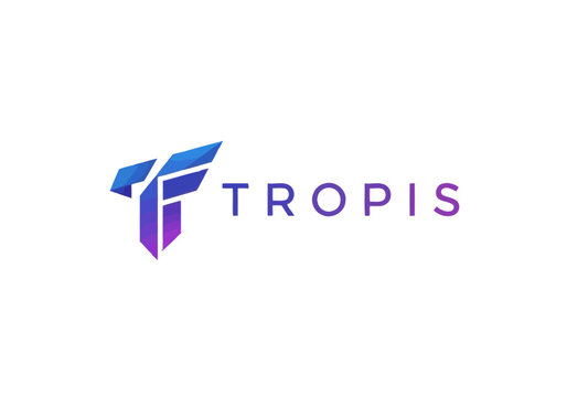 Abstract T-shaped logo with gradient colors for Tropis brand identity.