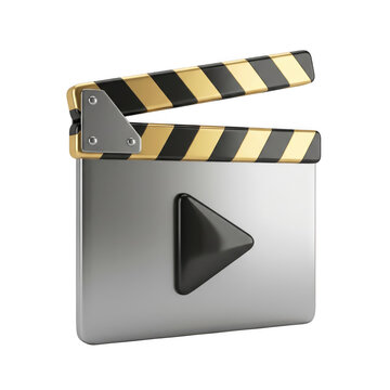 Metal movie clapperboard with yellow stripes as transparent cutout isolated on transparent background