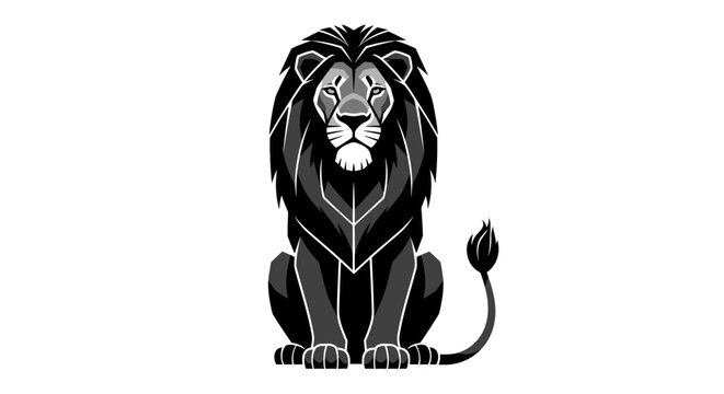 Majestic sitting lion portrait black and white graphic illustration.