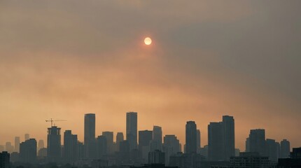 Fototapeta premium Wildfire Smoke Skyline Sunrise Over Financial District Urban Atmosphere
