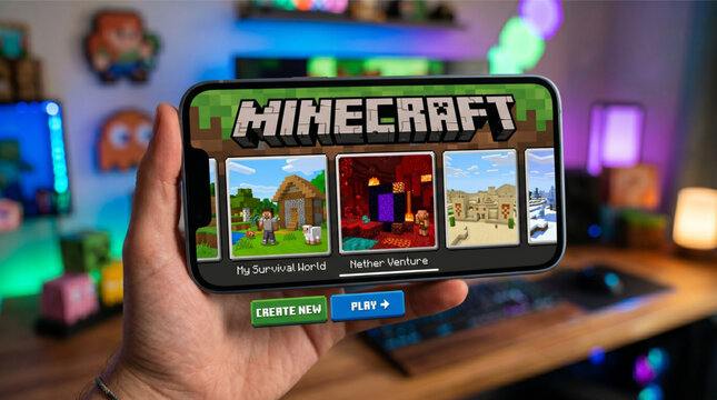 Minecraft mobile game app on a screen smartphone iPhone. Minecraft is a sandbox video game developed by Mojang Studios where players build and explore blocky, procedurally generated 3D worlds.
