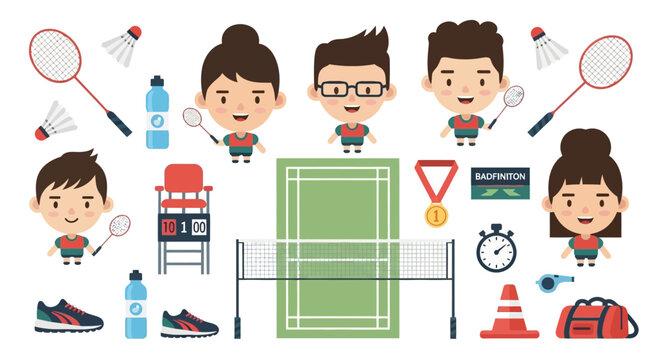 Badminton Players and Equipment Set for Sports Recreation.