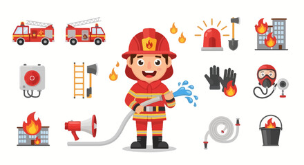 Naklejka premium Brave Young Firefighter with Hose and Firefighting Equipment Set.