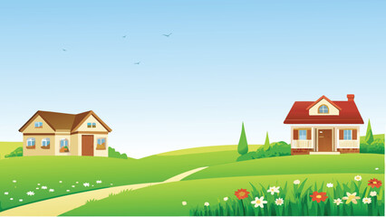 Naklejka premium Countryside scene with two houses vector illustration with blue sky
