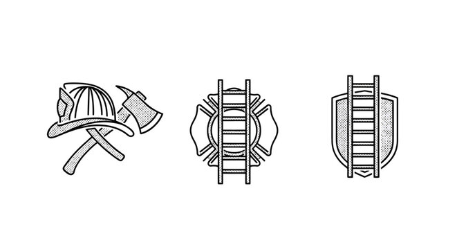 Three Distinct Firefighter Symbols in Monochrome Line Art.