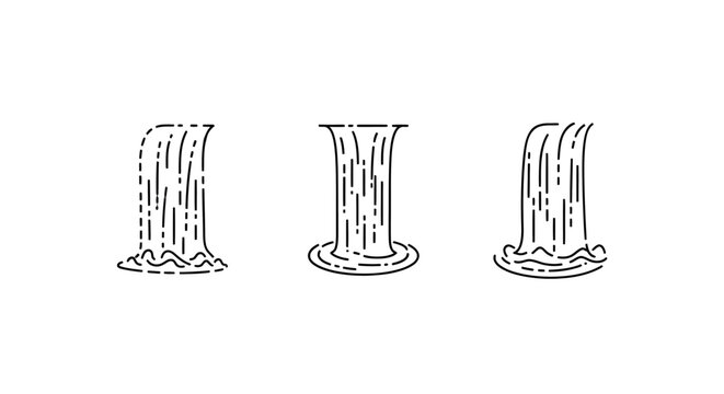 Illustrated waterfalls with varying flow patterns and bases.