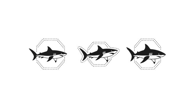 Three stylized shark icons in geometric hexagonal frames.