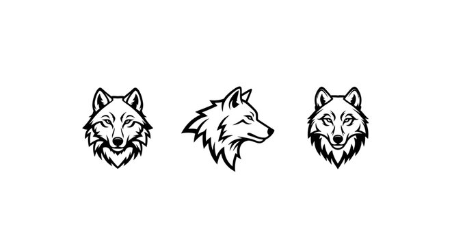Detailed Black and White Wolf Head Illustrations Set.