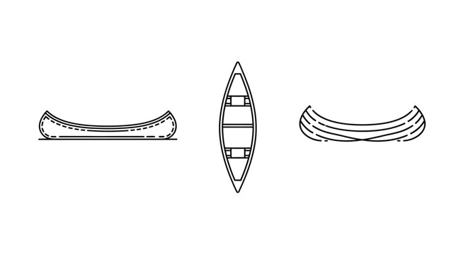 Three different canoe design line art illustrations.