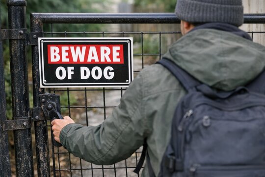 A person looking at a beware of dog sign, possibly considering the warning