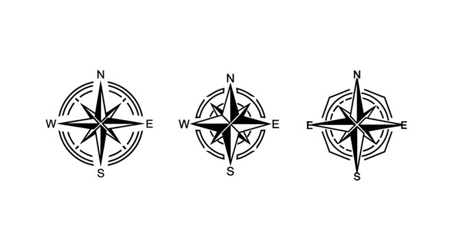 Three Classic Compass Rose Designs in Monochrome Style.