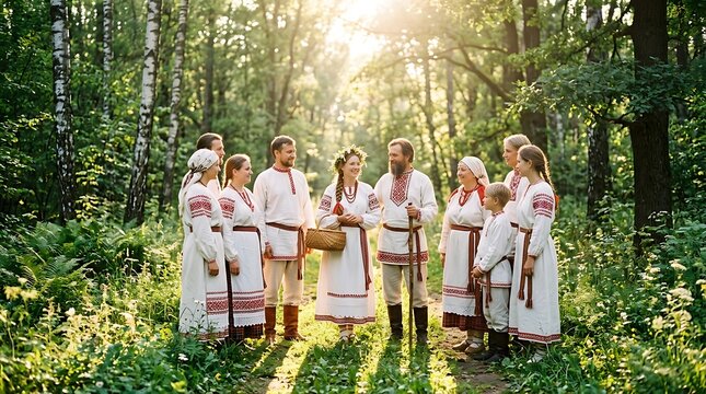 Family in Traditional Slavic Costumes in a Sunlit Forest
