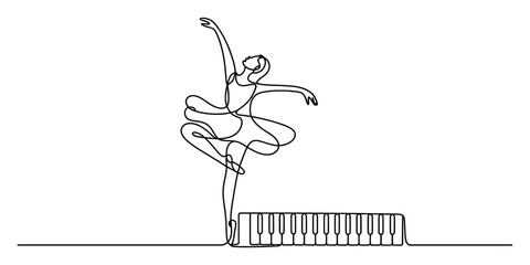 Ballerina dancing on piano keys continuous line drawing © BipulChandra