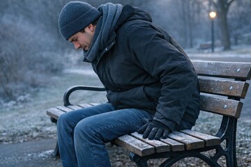 Fototapeta premium A person sitting alone on a park bench with greenery and possibly some flowers around
