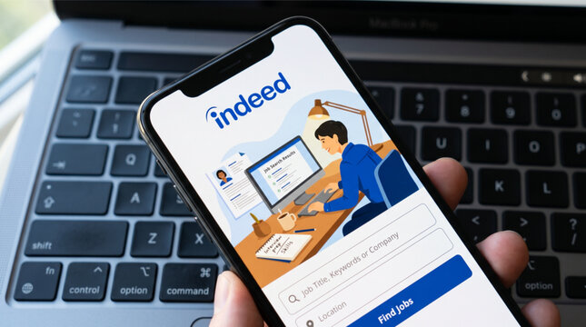 Indeed logo mobile app on a screen smartphone iPhone held in hands over a laptop keyboard. Indeed is a popular global job search engine and employment website for job seekers and recruiters.