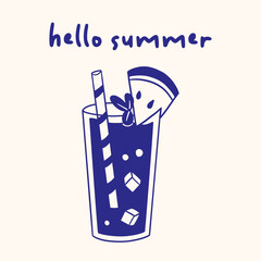 Vector tall summer cocktail with watermelon slice, straw and hello summer text in blue outline. Hand drawn mediterranean tropical drink with ice cube and mint leaf doodle. © Ulyana Mo