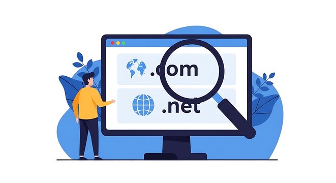 Person standing next to a computer monitor with a magnifying glass on the screen showing .com .net.
