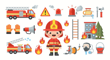 Fototapeta premium Cute Cartoon Firefighter Character with Fire Safety Equipment.