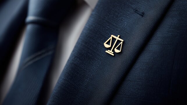 Close up of a suit lapel with a law scale pin suggesting personal injury law accident crash trauma and legal representation.