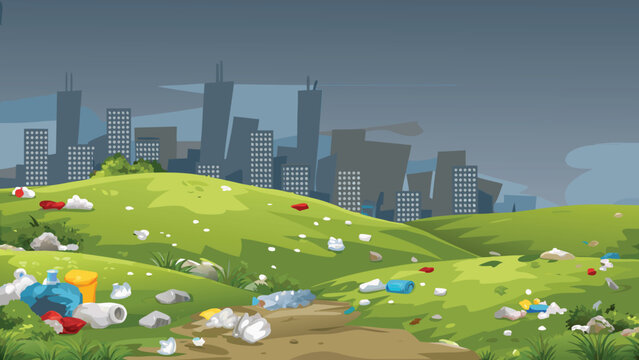 Polluted landscape with urban skyline and scattered debris