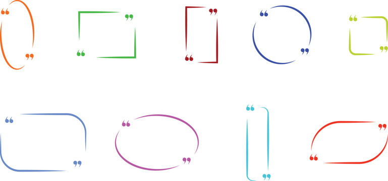 Colorful quote box icon set, collection, and group in flat line style, including multicolor speech bubble frame, quotation border, chat outline, dialogue shape, and modern text message template vector