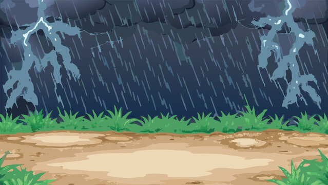 Dramatic storm scene with lightning and heavy rainfall illustration