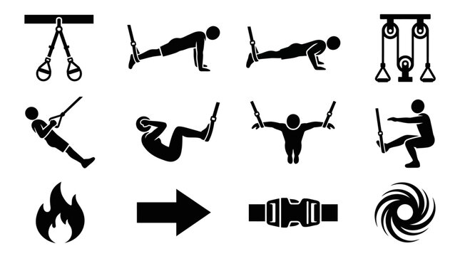 Silhouette suspension training icons showing diverse exercises, workout positions, straps, intensity symbols, and motivational elements for fitness design.