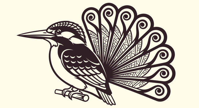 Stylized kingfisher bird illustration with decorative fan tail in black and white.
