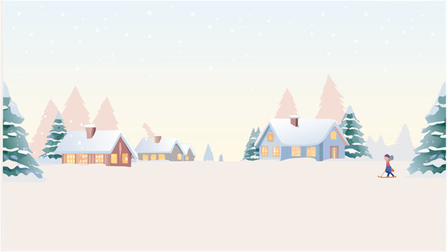 Winter village scene with snow covered houses and pine trees