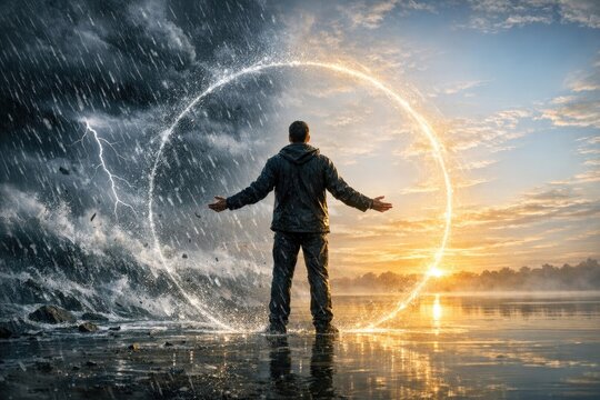A person standing in the water with their arms stretched outwards