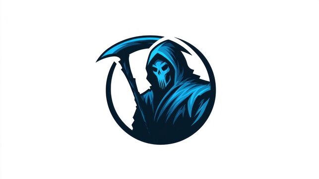 Grim reaper with scythe in a circle, dark blue and cyan colors, esports logo design