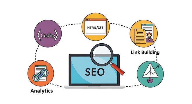An illustration shows SEO concept on a laptop with coding, HTML, link building, analytics, and a graph around it.