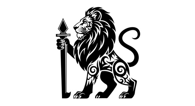Tribal style lion holding a sword vector illustration.