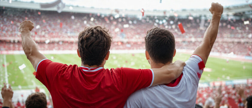 Two men soccer fans cheering in stadium during football match. Friends wearing red and white jersey celebrating victory with raised arms. Enthusiastic crowd at sports championship event.